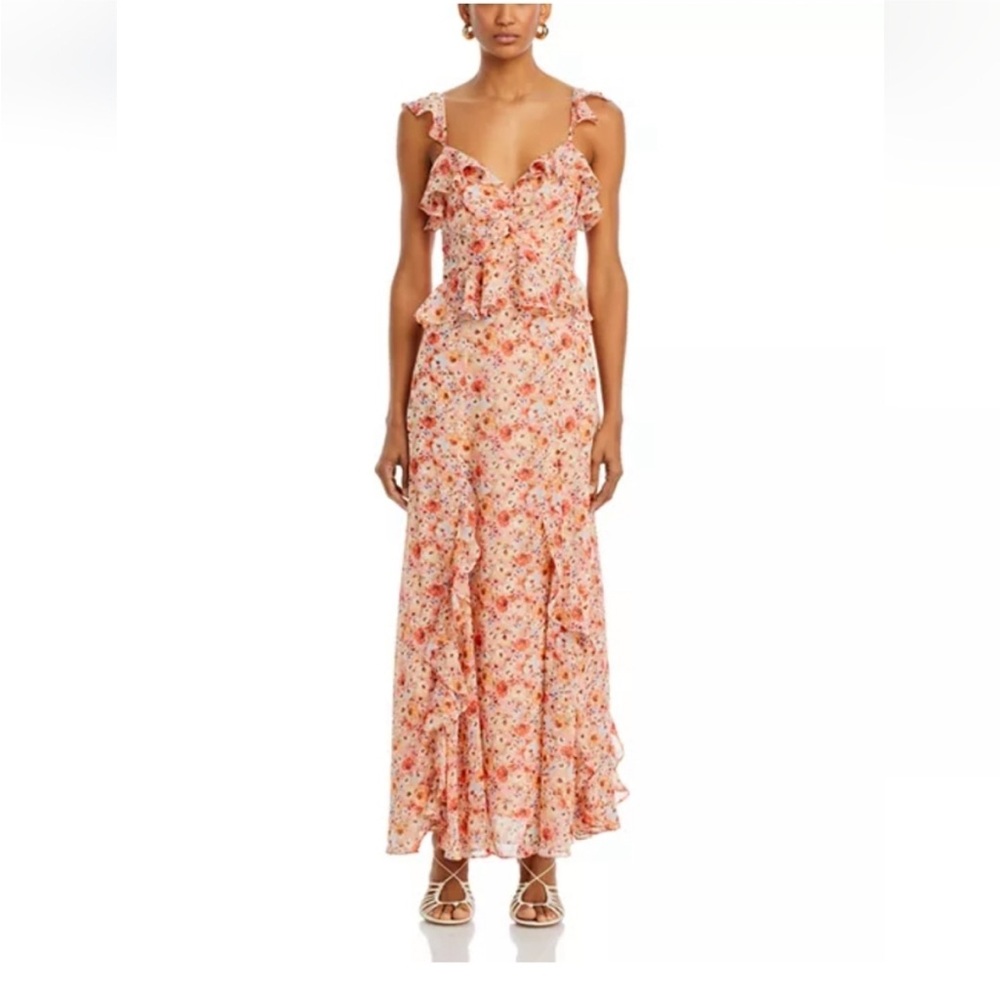 Aqua Floral Ruffle Maxi Dress in Peach and Red